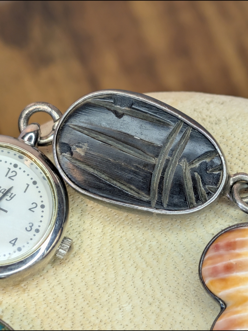 Signed J. Yates Navajo Sterling Silver Watch - Turquoise, Spiny Oyster, Scarab - Picture 8 of 12